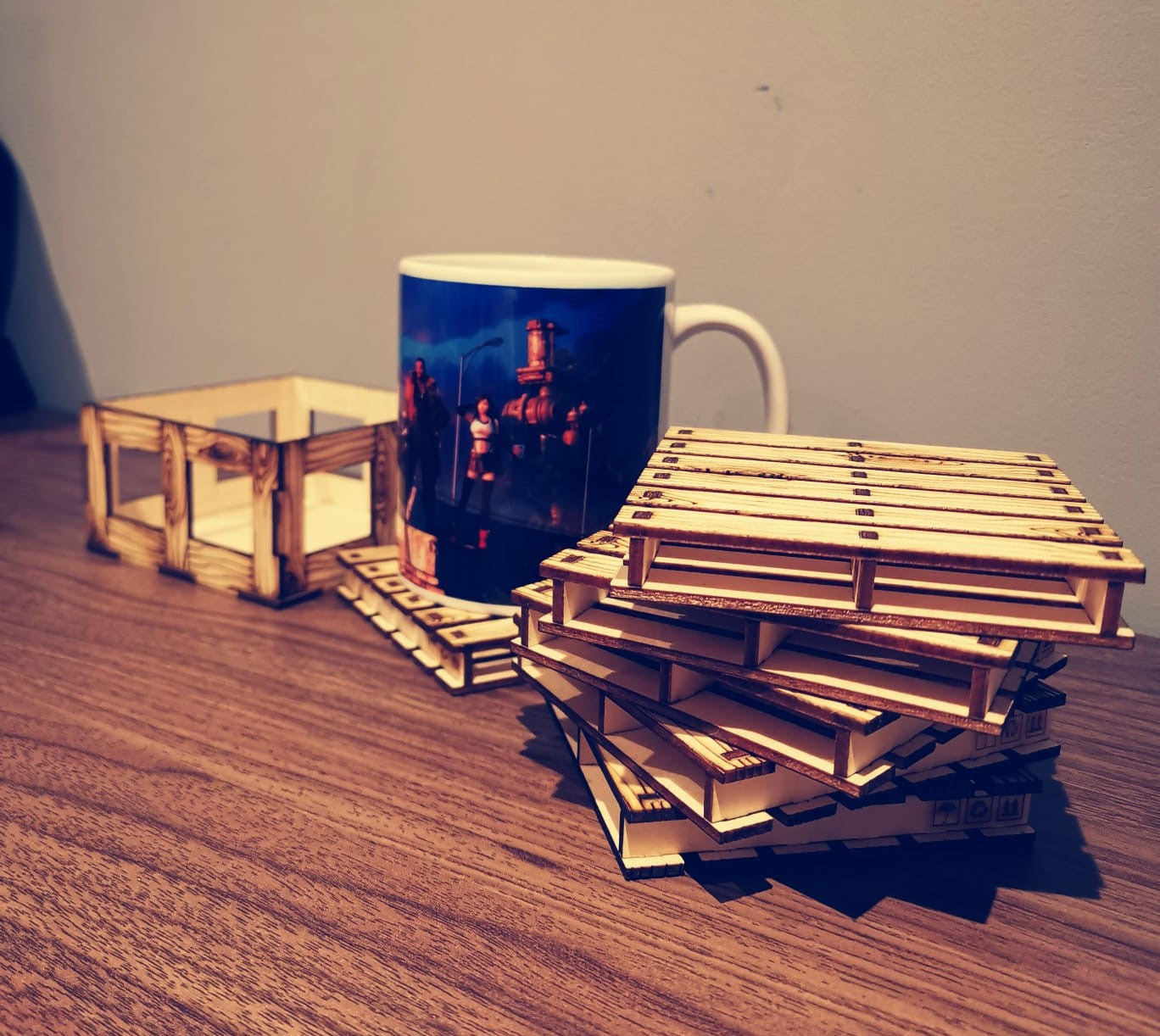 Set of 6 Wooden Pallet Coasters with Storage Box