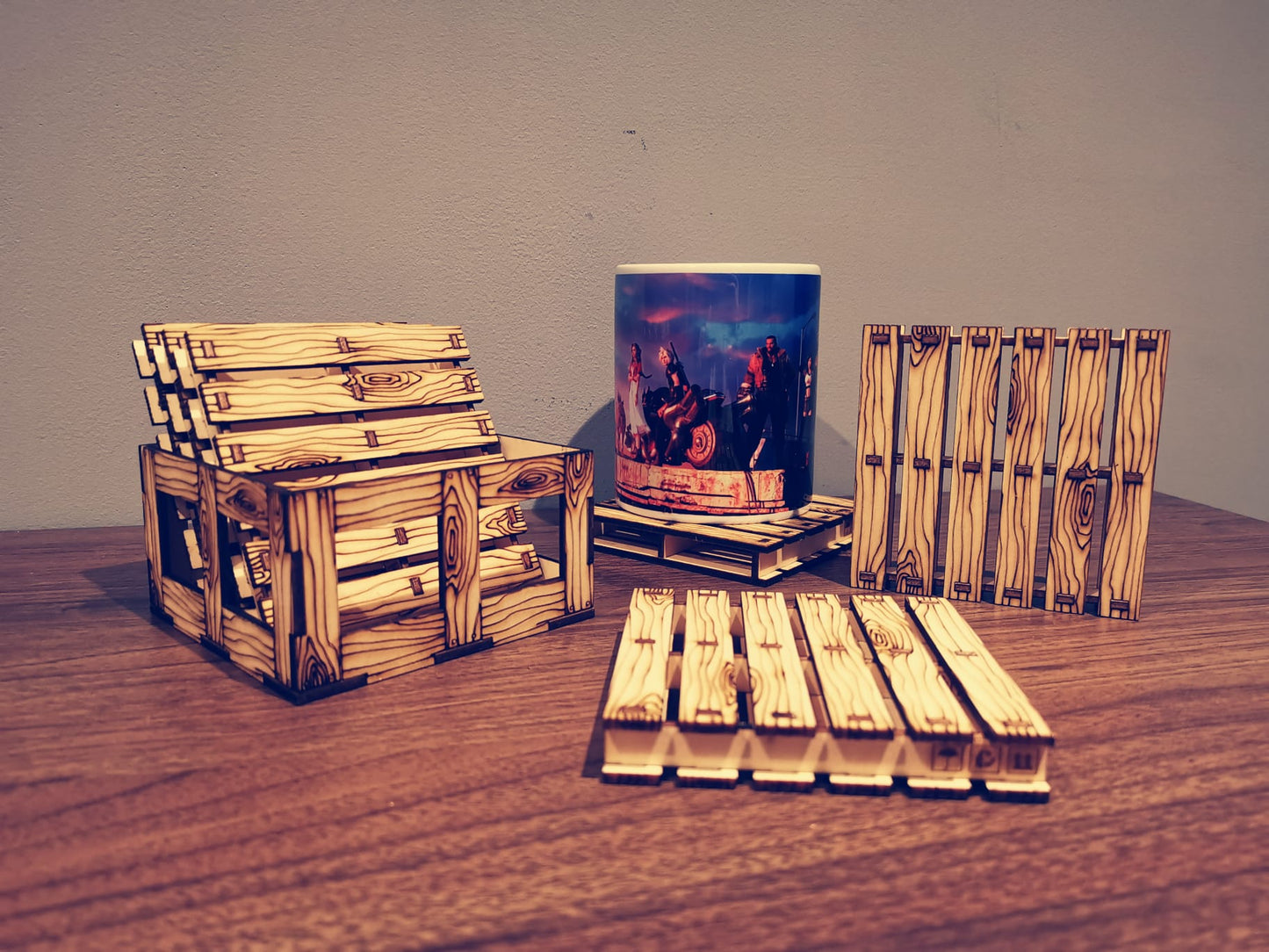 Set of 6 Wooden Pallet Coasters with Storage Box